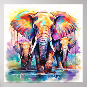 Poster Eléphants colorés Aquarelle Peinture