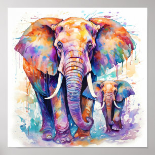 Poster Eléphants colorés Aquarelle Peinture