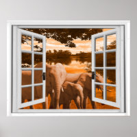 Eléphants Coucher de soleil Vue Trompe l'oeil Fake