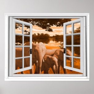 Poster Eléphants Coucher de soleil Vue Trompe l'oeil Fake
