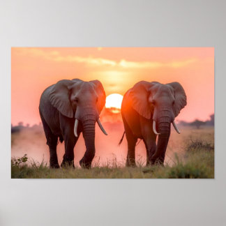 Poster Éléphants marchant au coucher du soleil
