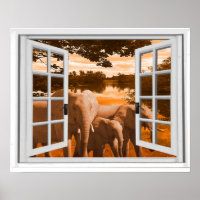 Éléphants Vue Coucher de Soleil Trompe l'oeil Faus
