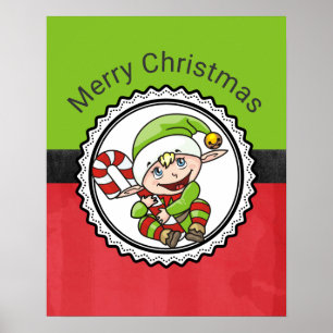 Poster Elfe mignonne avec canne de Noël Joyeux Noël