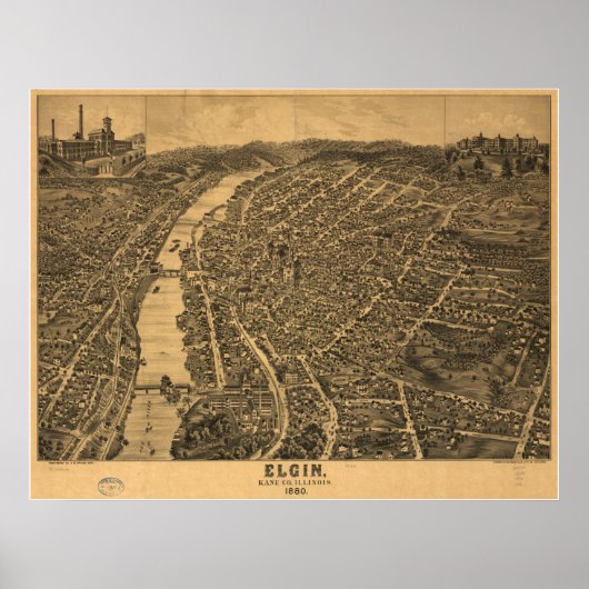 Poster Elgin Illinois 1880 Carte panoramique antique (Devant)