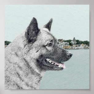 Poster Elkhound norvégien à la peinture de village - Chie