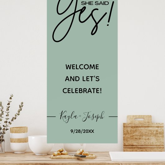Poster Elle a dit Oui bannière Sage green Fiançailles bie (Cuisine)