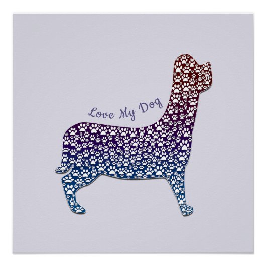 Poster Embossed Indigo Gradient Paw Print Dog Outline (Devant)