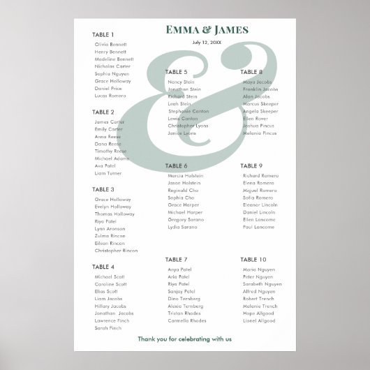 Poster Emerald Ampersand Mariage | Plan de table 10 (Devant)