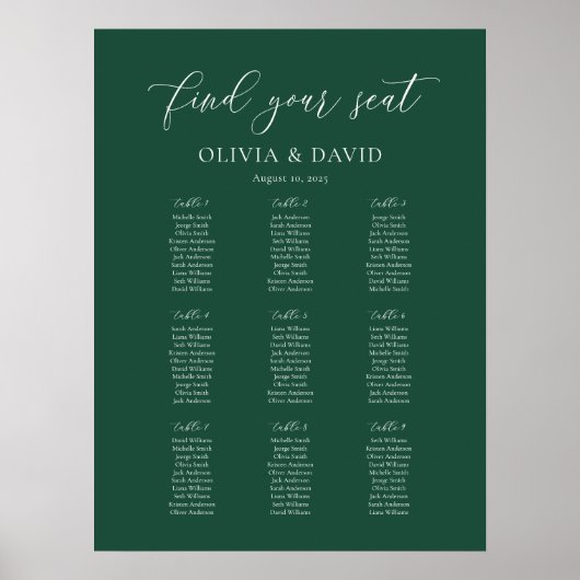 Poster Emerald Elegant Script 9 table Seating Chart (Devant)