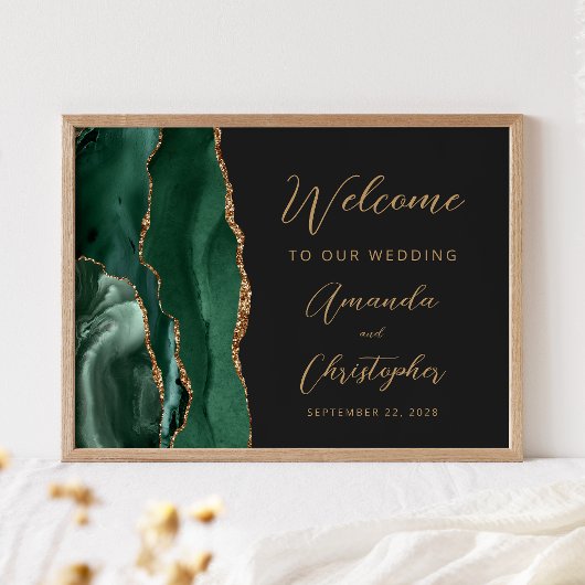 Poster Emerald Green Agate Gold Script Wedding Welcome
