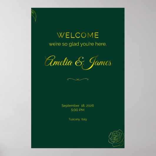 Poster Emerald Green and Gold Leaf Wedding Welcome Sign (Devant)