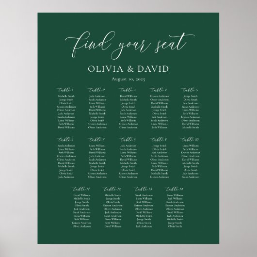 Poster Emerald Green Elegant 14 table Seating Chart (Devant)