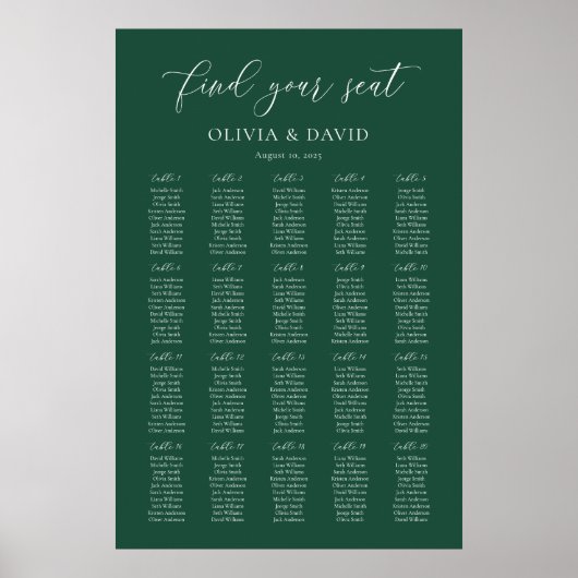 Poster Emerald Green Elegant 20 table Seating Chart (Devant)