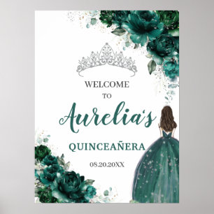 Poster Emerald Green Floral Argent Quinceañera Bienvenue