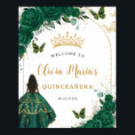 Poster Emerald Green Floral Princess Quinceañera Bienvenu<br><div class="desc">Personnalisez ce panneau d'accueil élégant facilement et rapidement. Cliquez simplement sur le bouton customiser pour modifier les textes, modifier les polices et les couleurs des polices. Doté d'une fille brune vêtue d'une belle robe vert émeraude, de fleurs chic vert émeraude et de papillons. Tout le texte est modifiable ! L'option...</div>