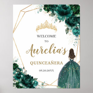 Poster Emerald Green Floral Quinceañera Accueil géométriq