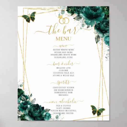Poster Emerald Green Floral Wedding Bar Cocktail Menu (Devant)
