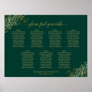 Poster Emerald Green & Gold 7 Table Wedding Seating Chart