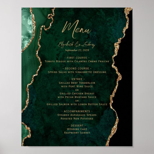 Poster Emerald Green Gold Agate Mariage Menu Table (Devant)