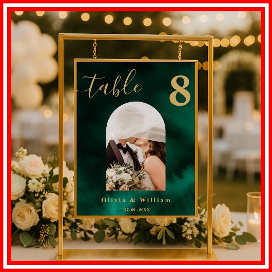 Poster Emerald Green & Gold Wedding PHOTO Table Number