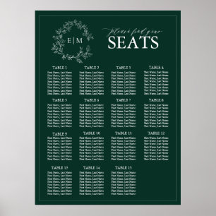 Poster Emerald Green Leafy Crest Monogram Mariage