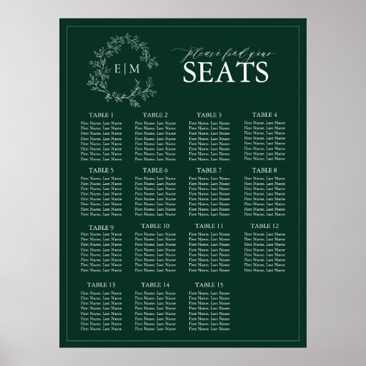 Poster Emerald Green Leafy Crest Monogram Mariage (Devant)