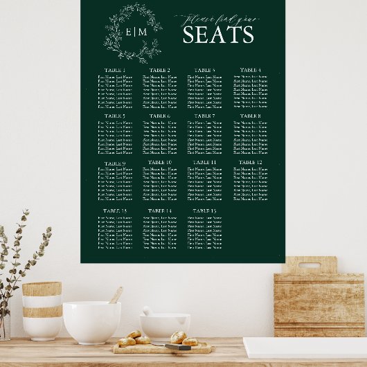 Poster Emerald Green Leafy Crest Monogram Mariage (Cuisine)