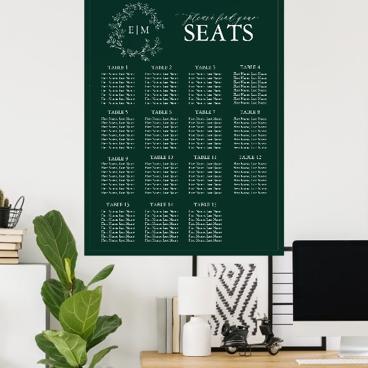 Poster Emerald Green Leafy Crest Monogram Mariage (Bureau à domicile)