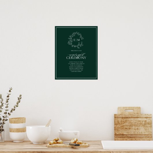 Poster Emerald Green Leafy Monogram Unplugged Mariage (Cuisine)