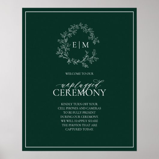 Poster Emerald Green Leafy Monogram Unplugged Mariage (Devant)