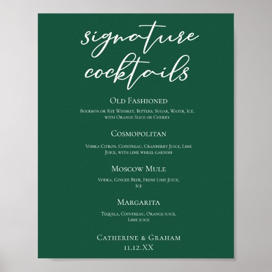 Poster Emerald Green Mariage Signature Cocktails Bar Menu (Devant)