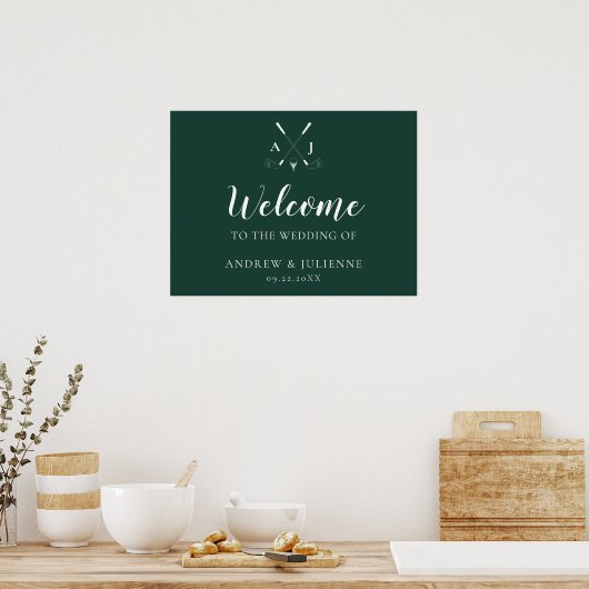 Poster Emerald Green Monogram Golf Mariage Bienvenue (Cuisine)