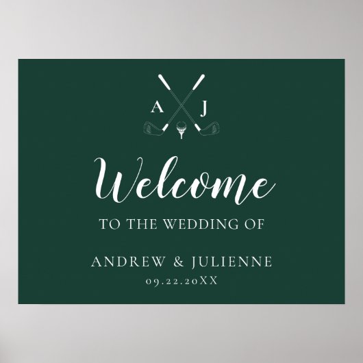 Poster Emerald Green Monogram Golf Mariage Bienvenue (Devant)
