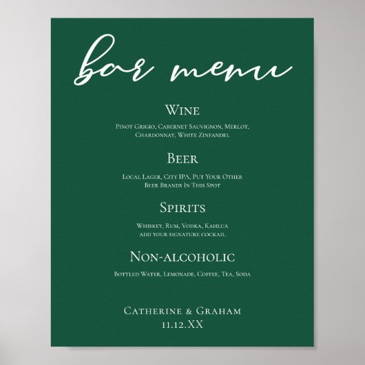 Poster Emerald Green Typography Mariage de la forêt Menu (Devant)