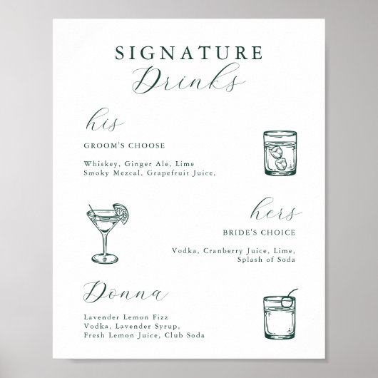 Poster Emerald Green Vintage Botanical Signature Boissons (Devant)
