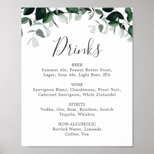 Poster Emerald Greenery Mariage Boissons Menu Signer (Devant)
