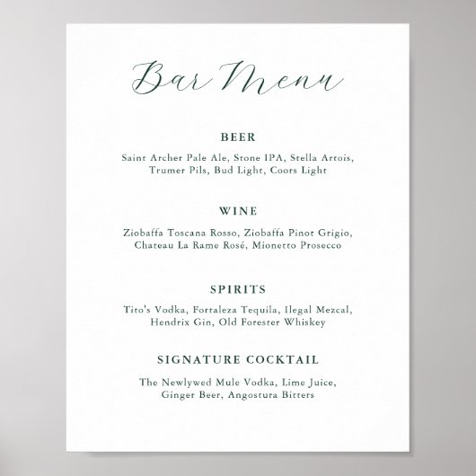 Poster Emerald Greenery Vintage Wedding Bar Menu (Devant)