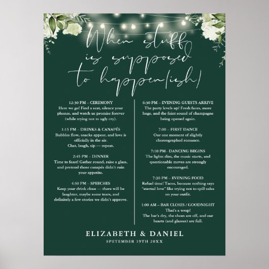 Poster Emerald String Lights Floral Wedding Itinerary (Devant)