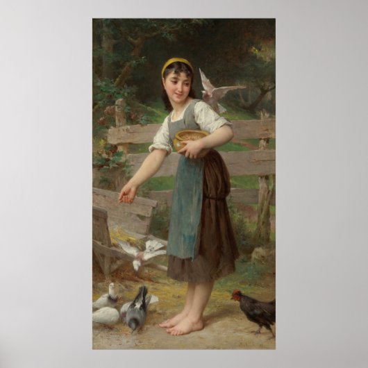 Poster Emile Munier Vintage Nourrir les colombes (Devant)