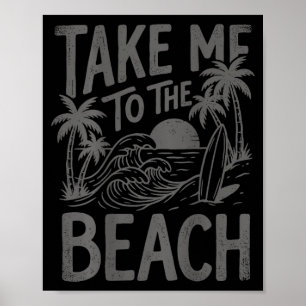 Poster Emmenez à la plage palmier surf coucher de soleil