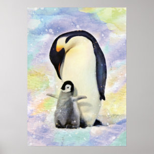 Poster Empereur Penguin avec Baby Chick Watercolor Art