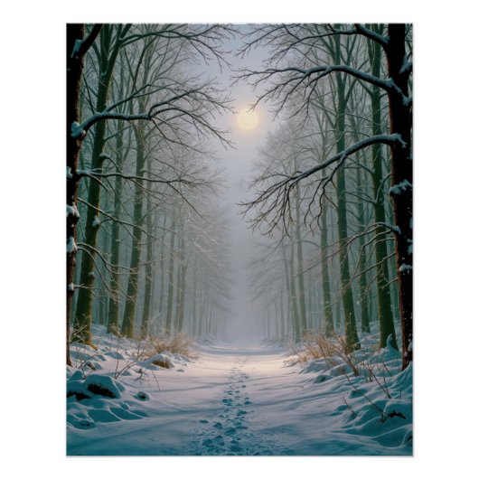Poster Empreintes de Lune dans une forêt enneigée (Devant)