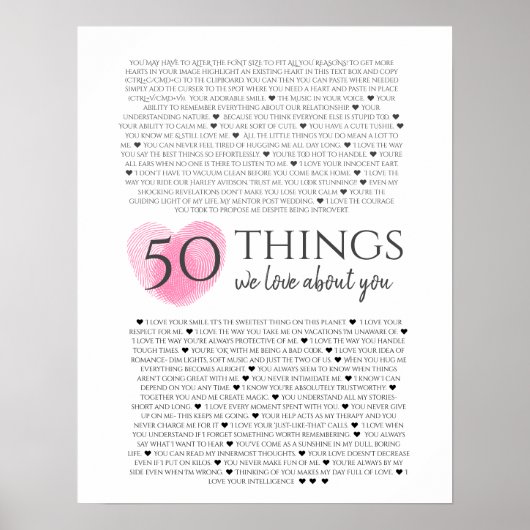 Poster empreintes digitales sur coeur rose 50 raisons Je  (Devant)