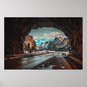 POSTER EMPTY ROAD TUNNEL LEADING TO MOUNTAINS