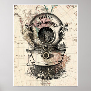 Poster en costume de plongée vintage sur la carte