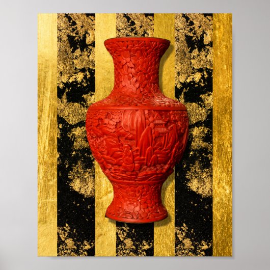 Poster en or noir Vase rouge chinois asiatique (Devant)