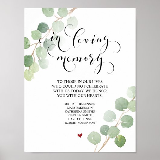 Poster En souvenir affectueux Panneau de table de mariage (Devant)