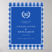 Poster En vichy bleu Monogram Crest Mariage Bienvenue (Devant)