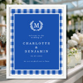 Poster En vichy bleu Monogram Crest Mariage Bienvenue
