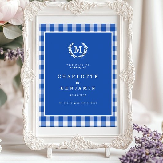 Poster En vichy bleu Monogram Crest Mariage Bienvenue